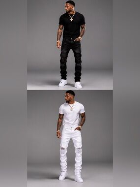 Glitz Slim Ripped Men's Jeans - Black & White